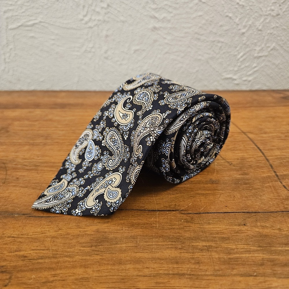 Vintage Christian Dior Silk Tie Navy Blue Beige Tan With Paisley Pattern